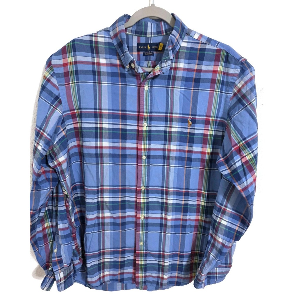 Ralph Lauren Shirt Mens XL Blue Plaid Long Sleeve Button Down Classic Fit Casual